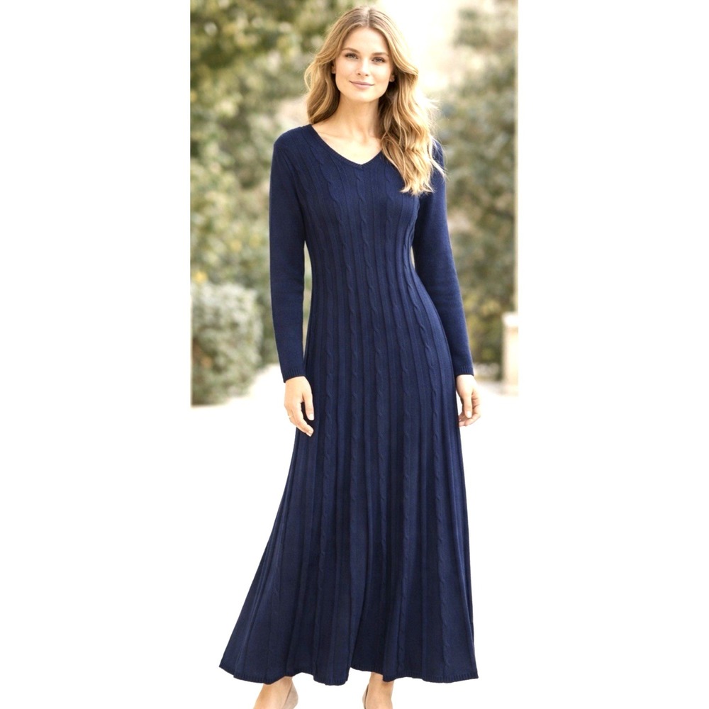 Coldwater Creek Cable Knit Maxi Sweater Dress Size L Navy Fisherman Classic